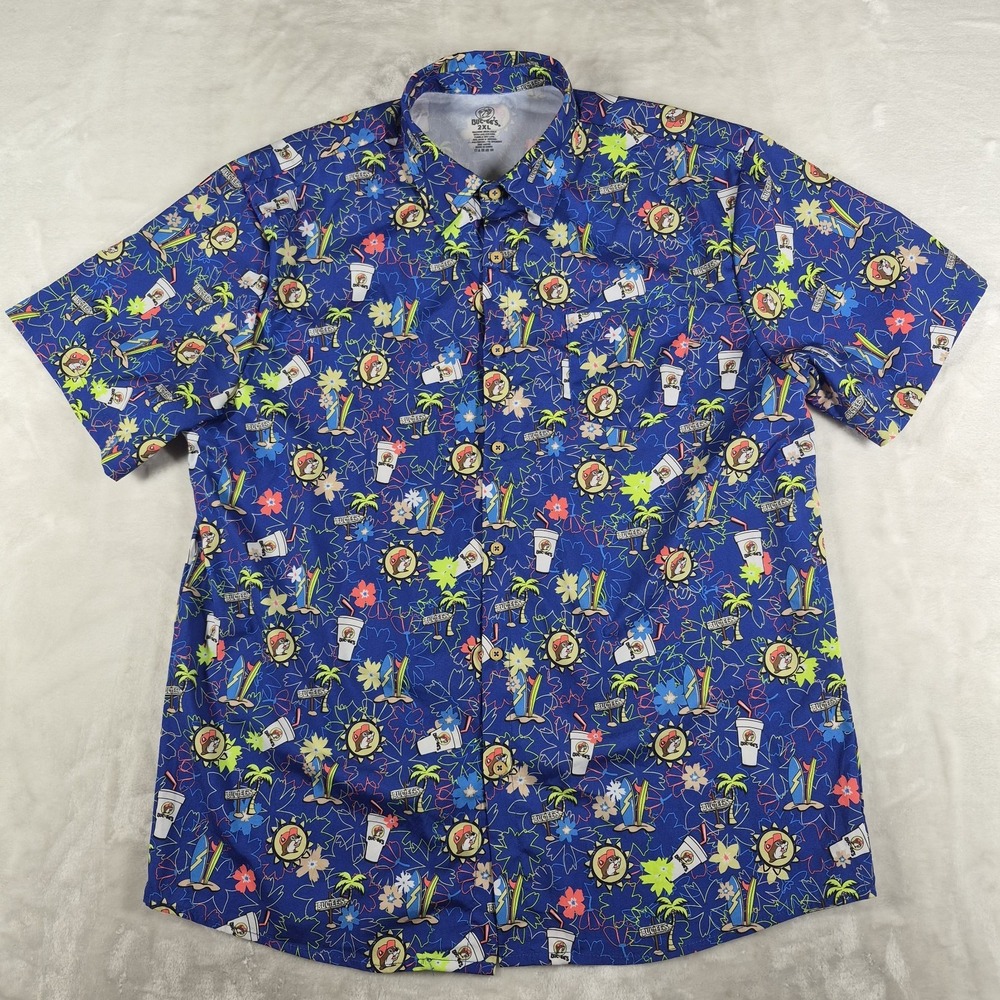 Buc-ee's Button Up Shirt Men's 2XL XXL Blue Hawaiian Short Sleeve Casual AOP
